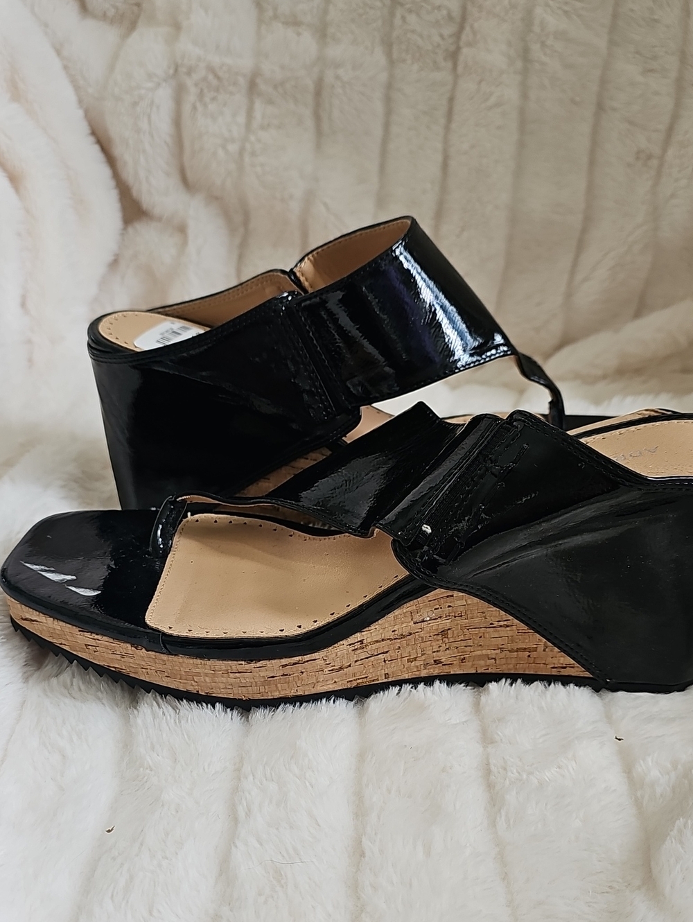 Adrienne Vittadini Black Patent Wedge Sandals with Cork-Style Platform